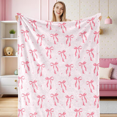 Pink Bow Flannel Blanket Soft Digital Print Sofa Throw