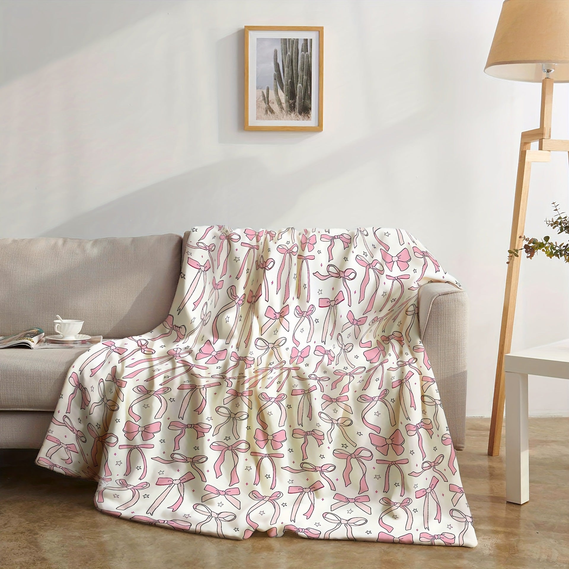 Pink Bow Flannel Blanket Soft Digital Print Sofa Throw