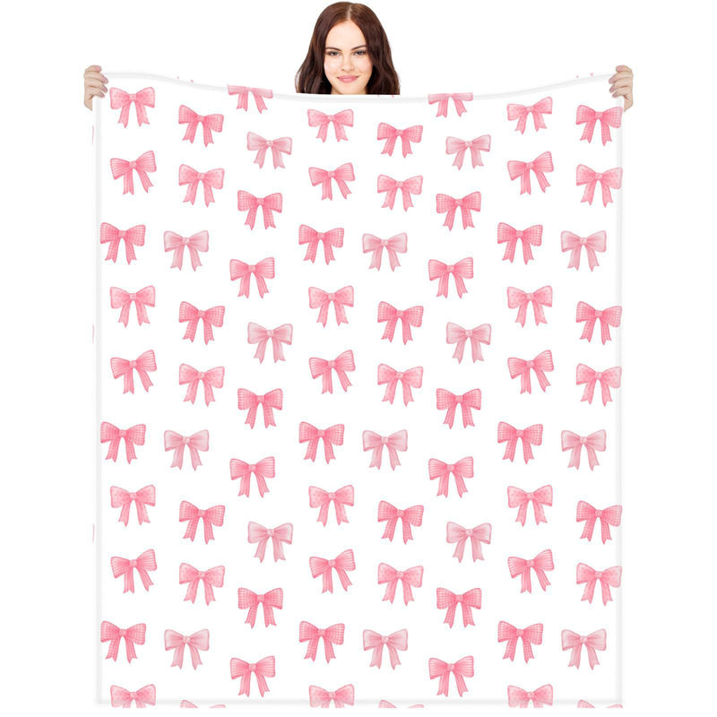 Pink Bow Flannel Blanket Soft Digital Print Sofa Throw