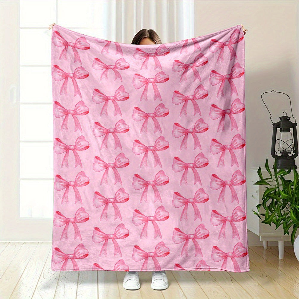 Pink Bow Flannel Blanket Soft Digital Print Sofa Throw