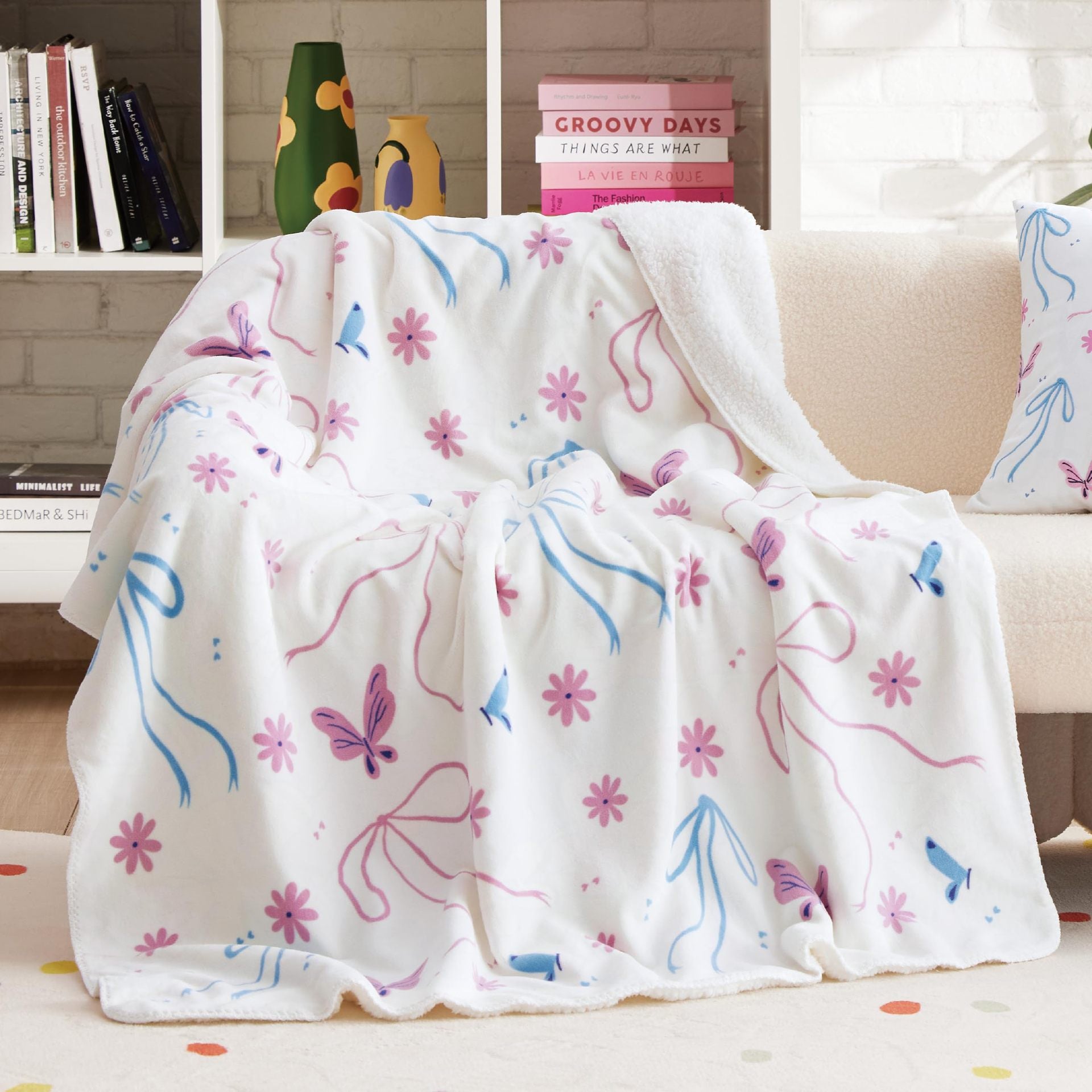 Pink Bow Flannel Blanket Soft Digital Print Sofa Throw