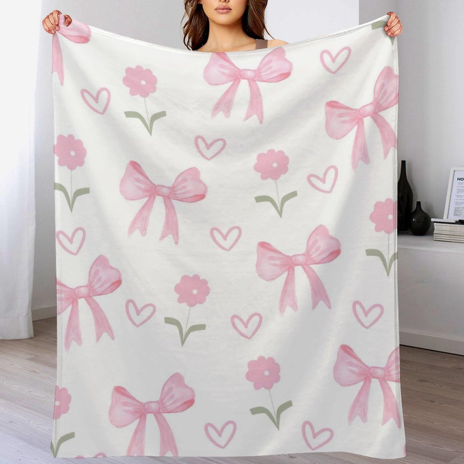 Pink Bow Flannel Blanket Soft Digital Print Sofa Throw