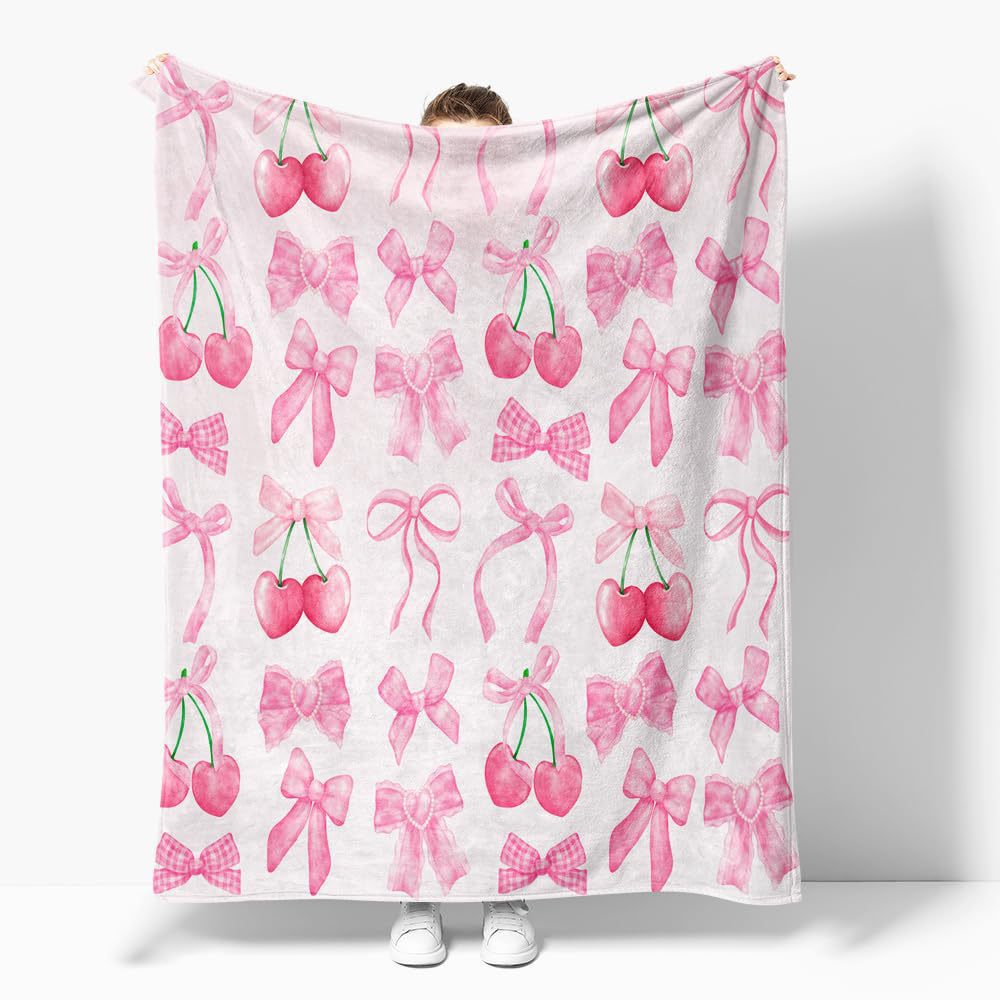 Pink Bow Flannel Blanket Soft Digital Print Sofa Throw