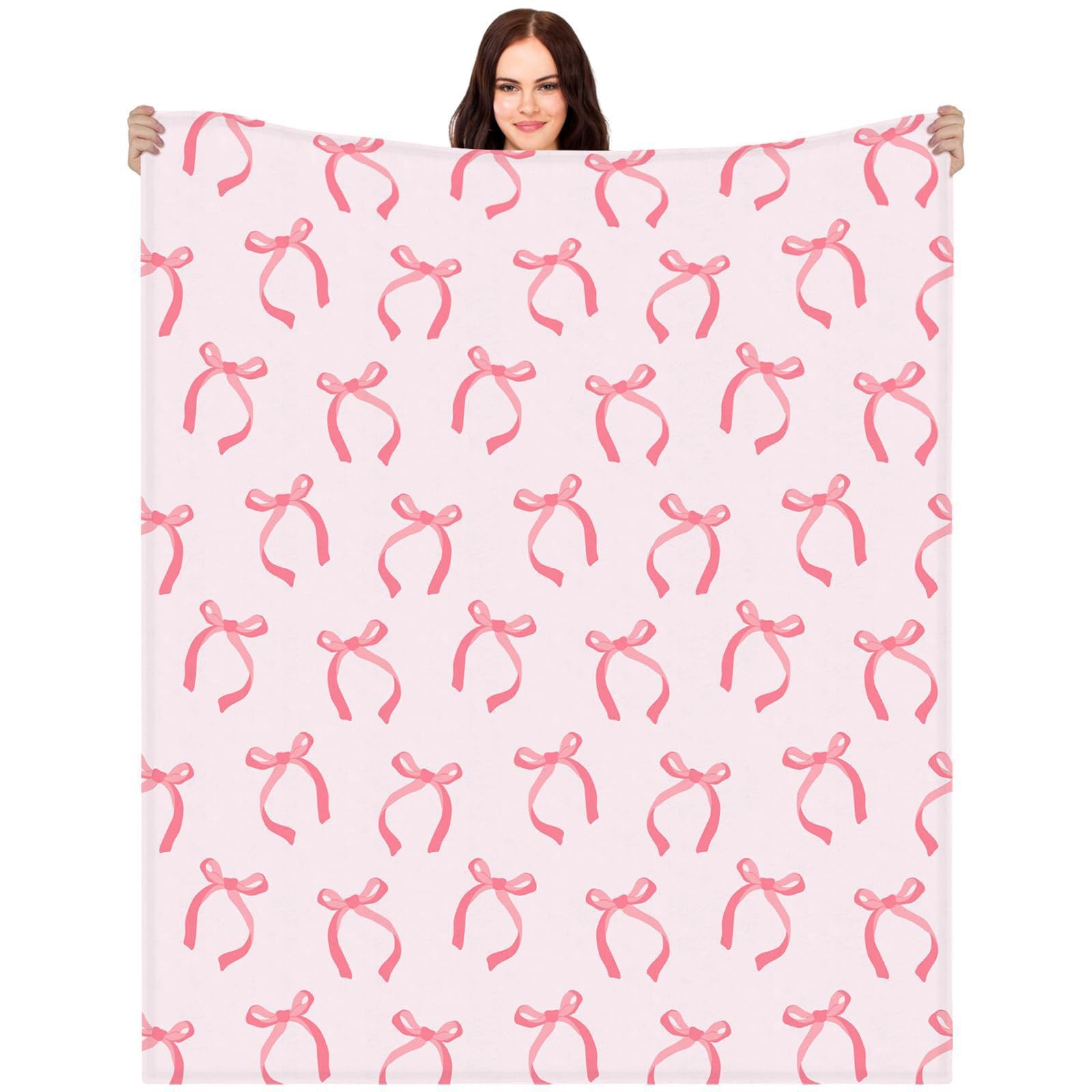 Pink Bow Flannel Blanket Soft Digital Print Sofa Throw