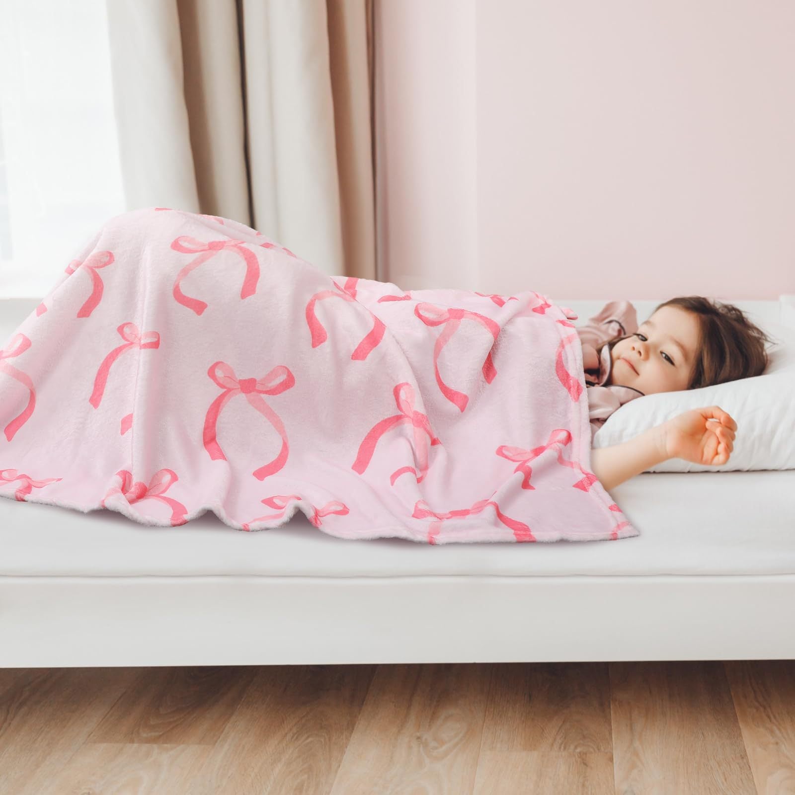 Pink Bow Flannel Blanket Soft Digital Print Sofa Throw