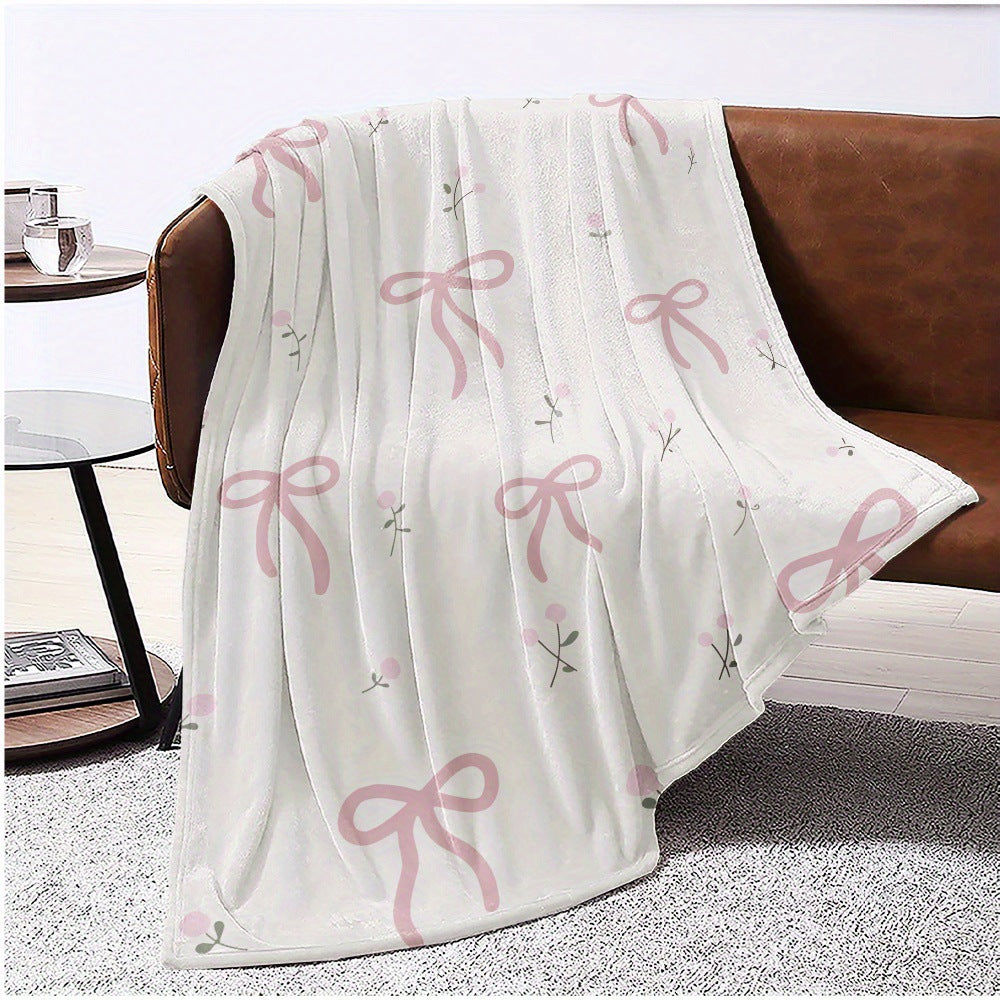 Pink Bow Flannel Blanket Soft Digital Print Sofa Throw
