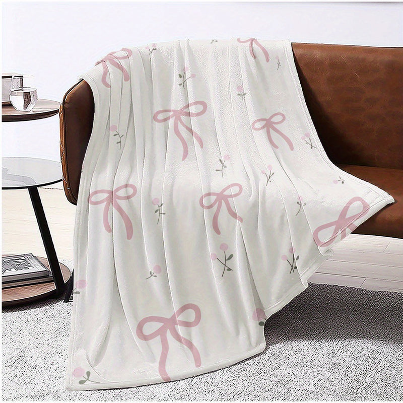 Pink Bow Flannel Blanket Soft Digital Print Sofa Throw