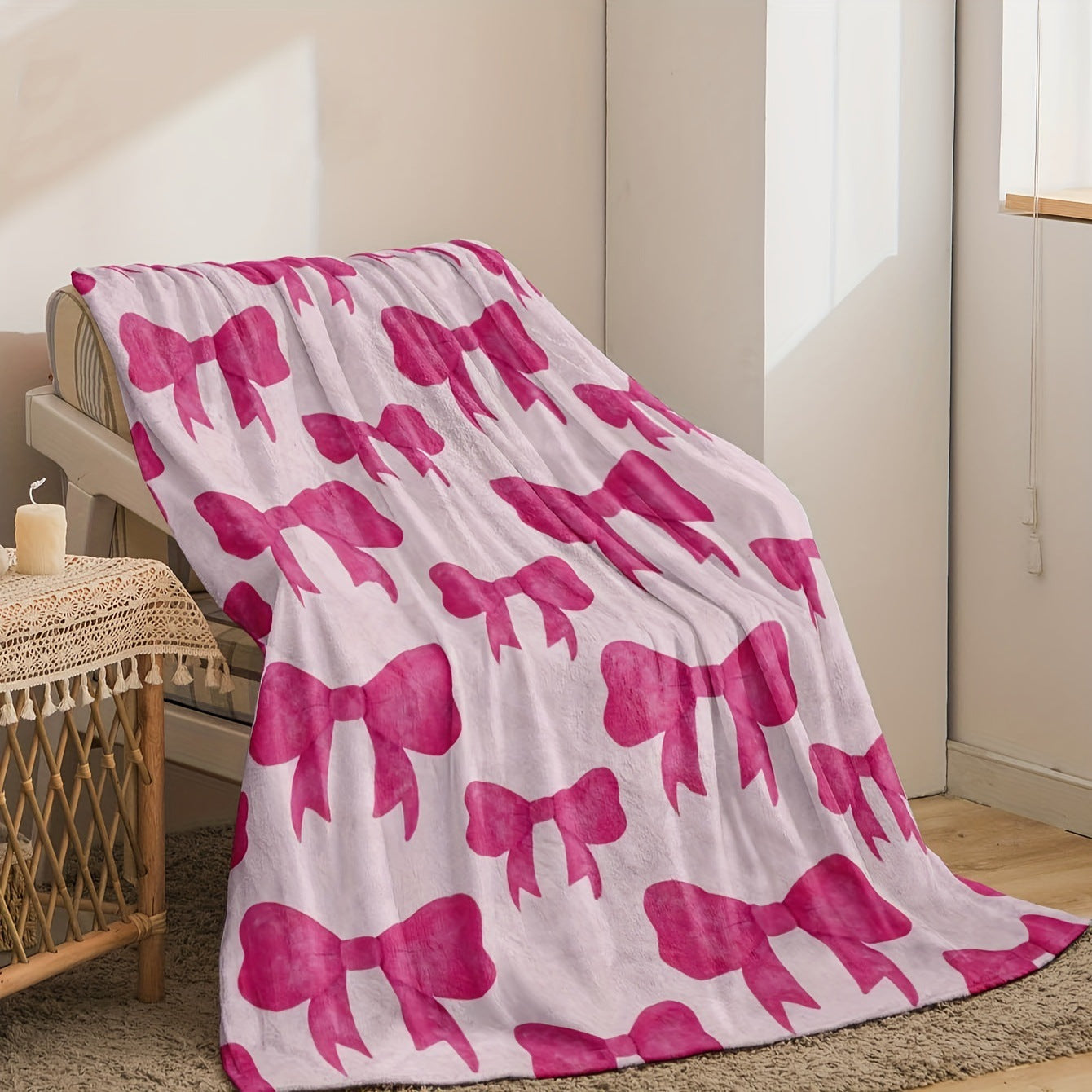 Pink Bow Flannel Blanket Soft Digital Print Sofa Throw