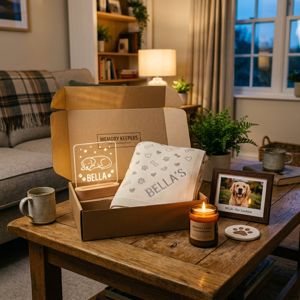 Personalized memorial gift arranged in a cozy living room