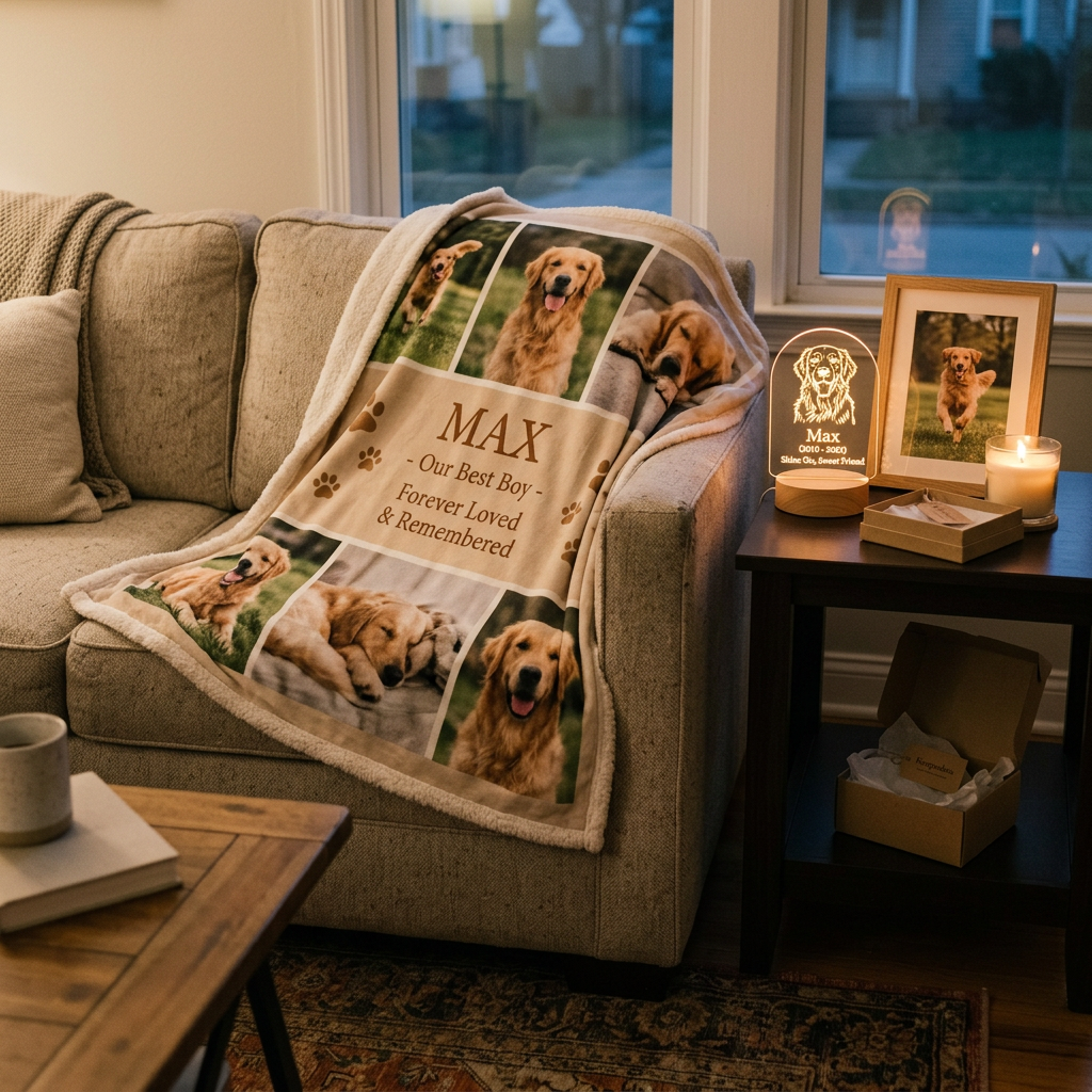 Personalized memorial blanket and acrylic light in a cozy home